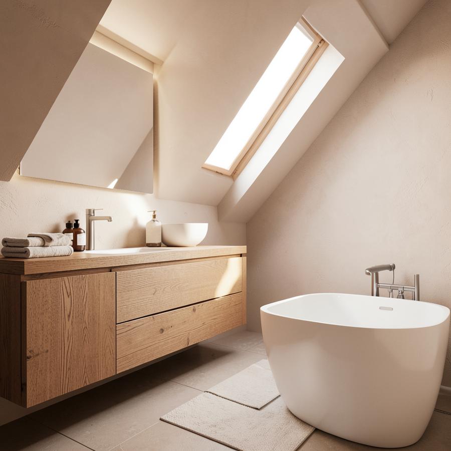 Inspiratiebeeld van een houten badkamermeubel onder een schuin dak