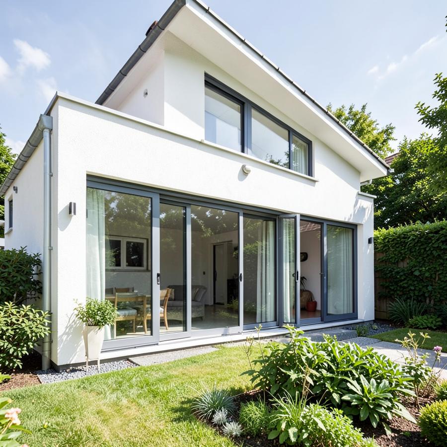 Inspiratiebeeld van een aanbouw met glazen pui aan de tuinzijde