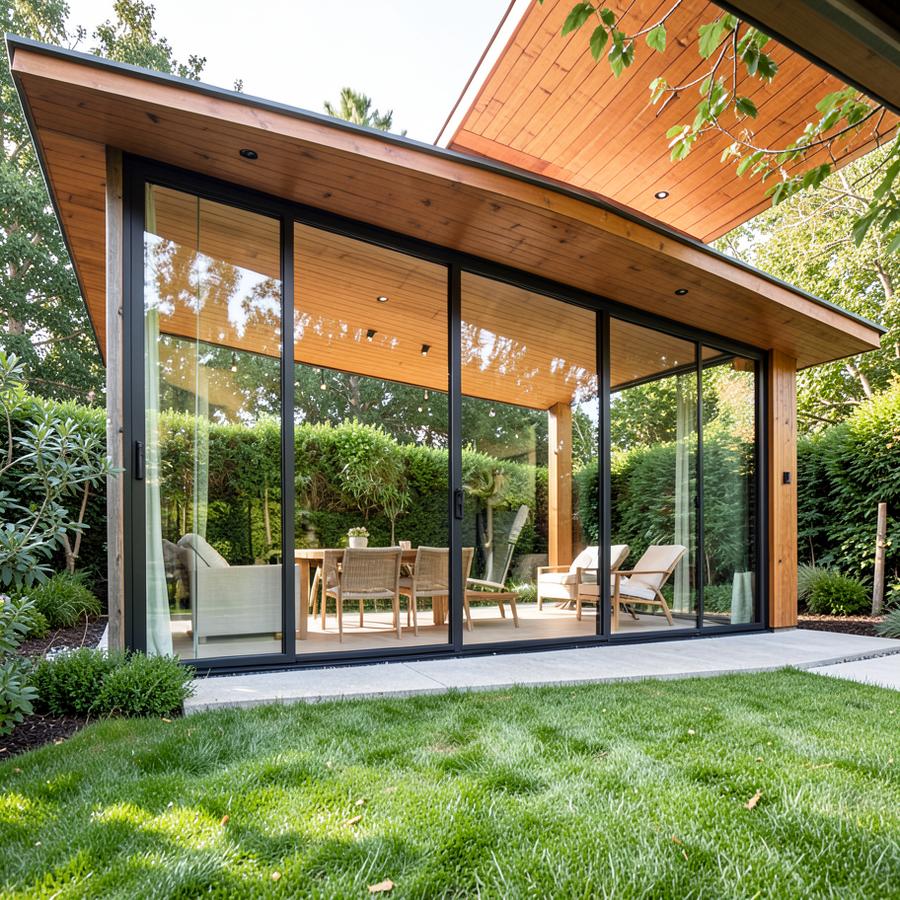 Inspiratiebeeld van een buitenverblijf met glazen wand en houten plafond