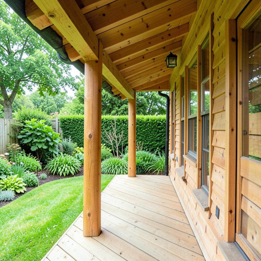 Inspiratiebeeld van een houten veranda met eiken staanders