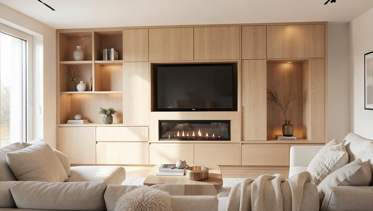 Inspiratiebeeld van een maatwerk tv-wand met haard in een lichte woonkamer