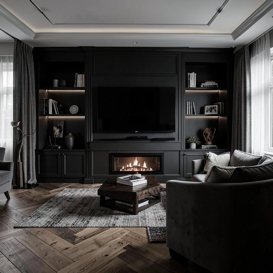 Inspiratiebeeld van een donkere tv-wand met haard en visgraatvloer