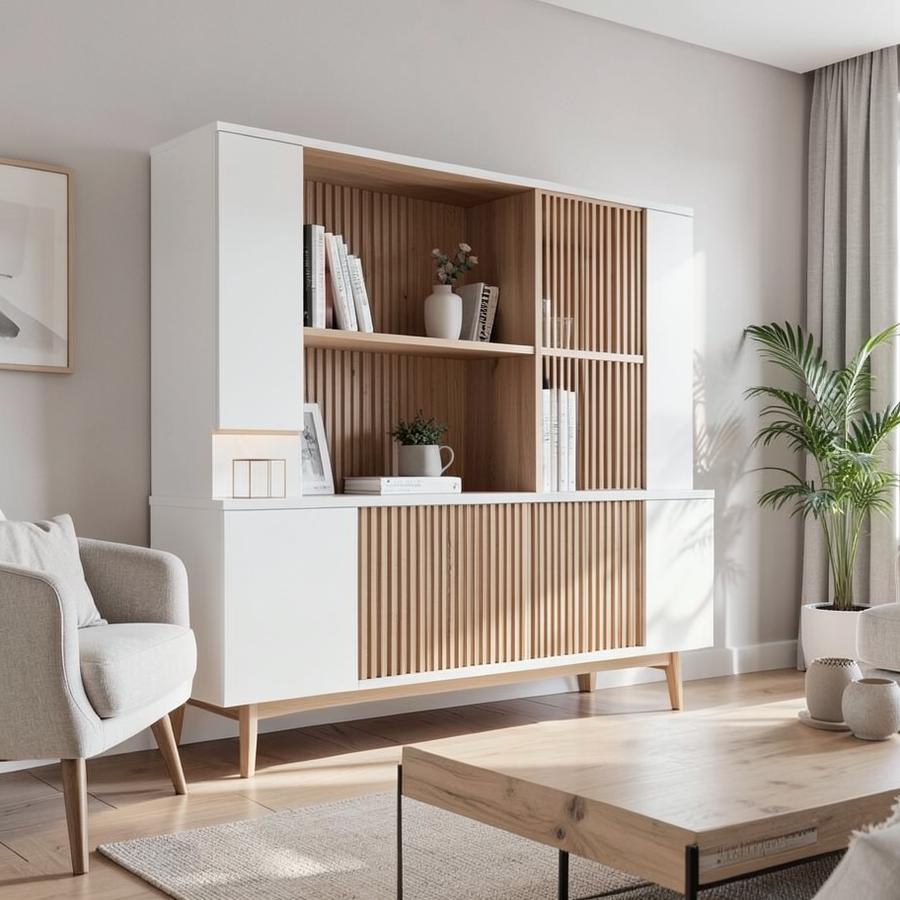 Inspiratiebeeld van een wandkast in wit en eiken met open vakken