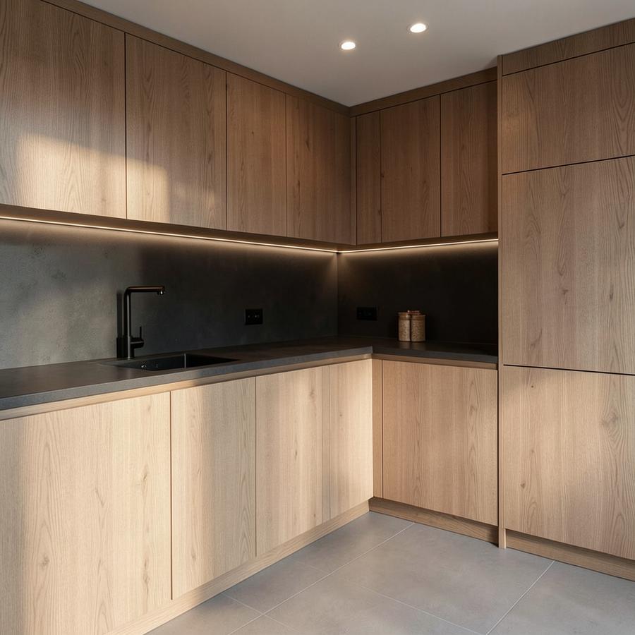 Inspiratiebeeld van een keuken met houten fronten en donker werkblad