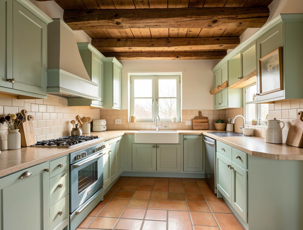 Inspiratiebeeld van een landelijke keuken in zachtgroen met houten balken
