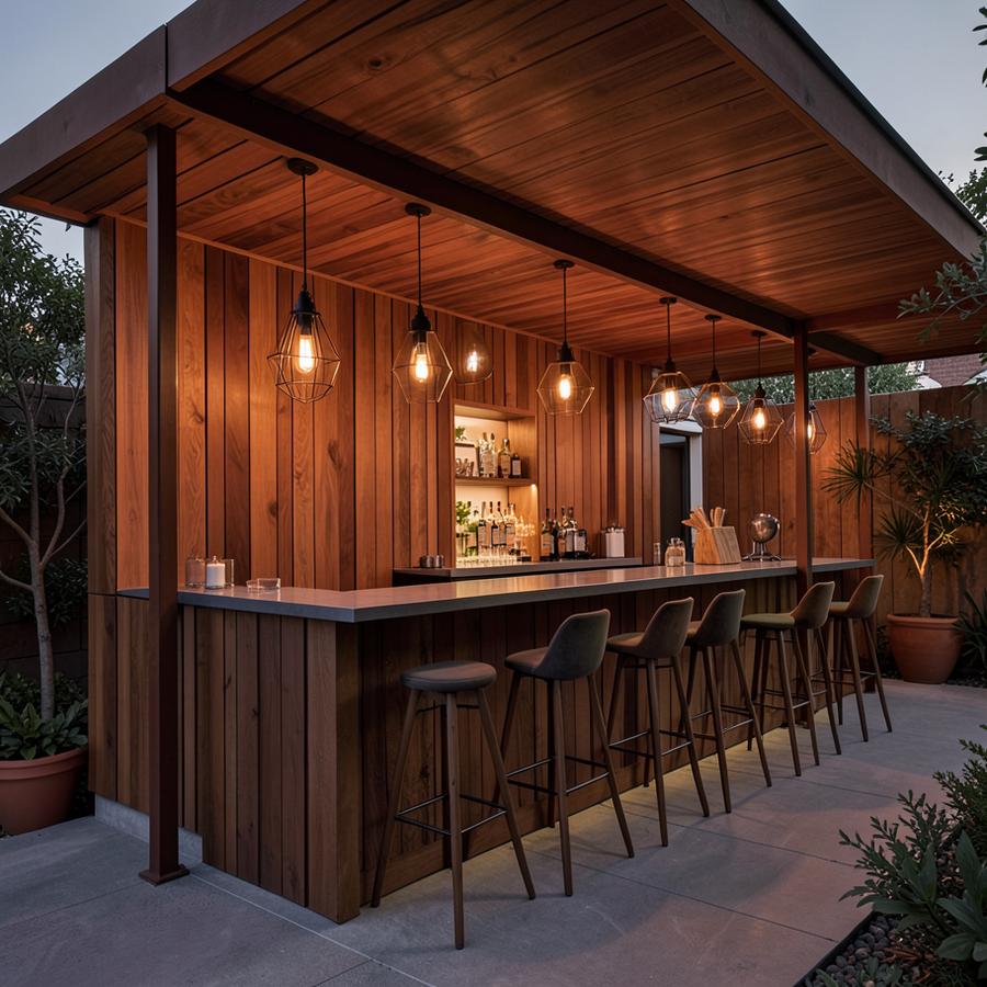 Inspiratiebeeld van een buitenbar met houten wandbekleding en barkrukken