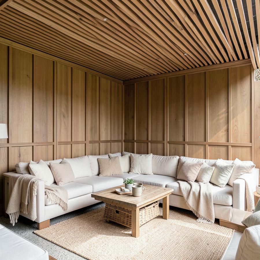Inspiratiebeeld van een loungehoek met houten plafond en wandbekleding